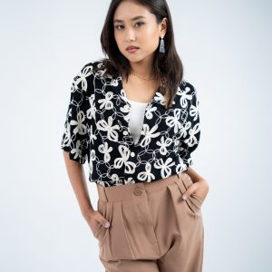 Women’s Oversized Drop Shoulder Embroidered Cuban Shirt in Black