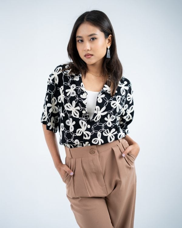 Women’s Oversized Drop Shoulder Embroidered Cuban Shirt in Black