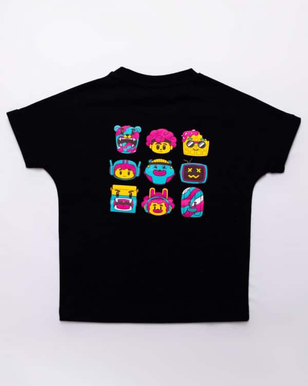 Waffle Characters Printed Kids' Oversized Drop Shoulder Graphic Tees in Black | Waffle Up X Gorur Ghash - Image 6