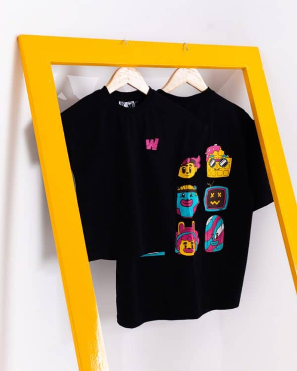 Waffle Characters Printed Unisex Oversized Drop Shoulder Graphic Tees in Black | Waffle Up X Gorur Ghash - Image 2