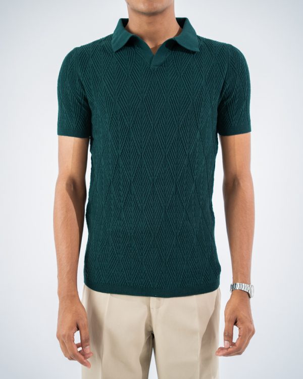 Men's Diamond Knit Polo in Bottle Green - Image 3