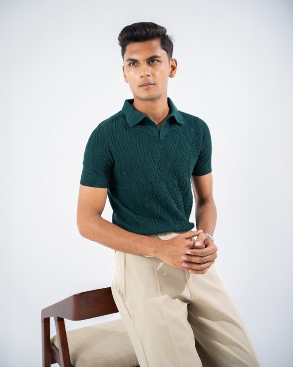 Men's Diamond Knit Polo in Bottle Green - Image 11