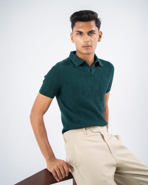 Men's Diamond Knit Polo in Bottle Green - Image 9