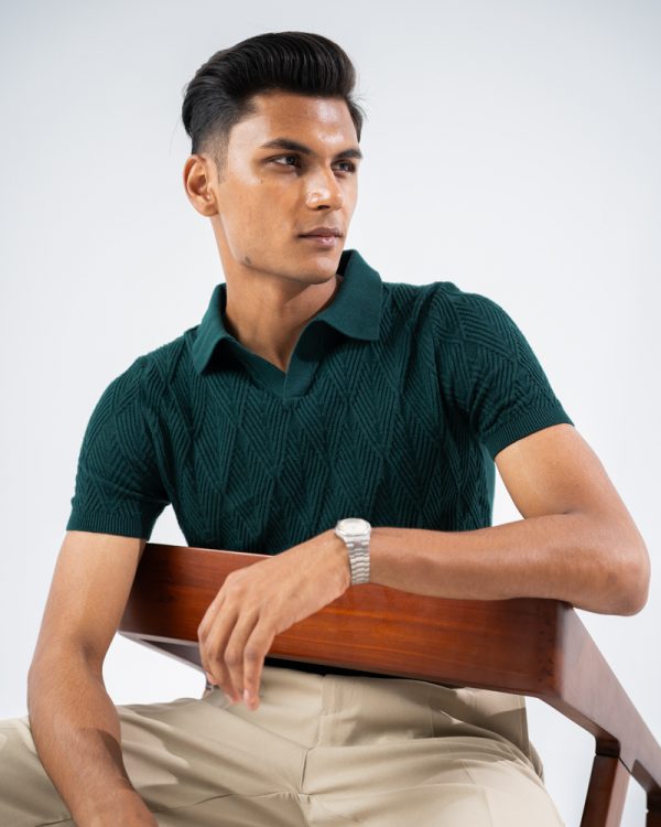 Men's Diamond Knit Polo in Bottle Green - Image 12