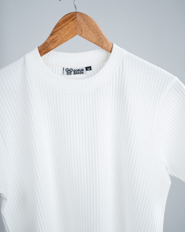 Premium Soft Textured Crewneck T-shirt in White With Thick Stripes - Image 3