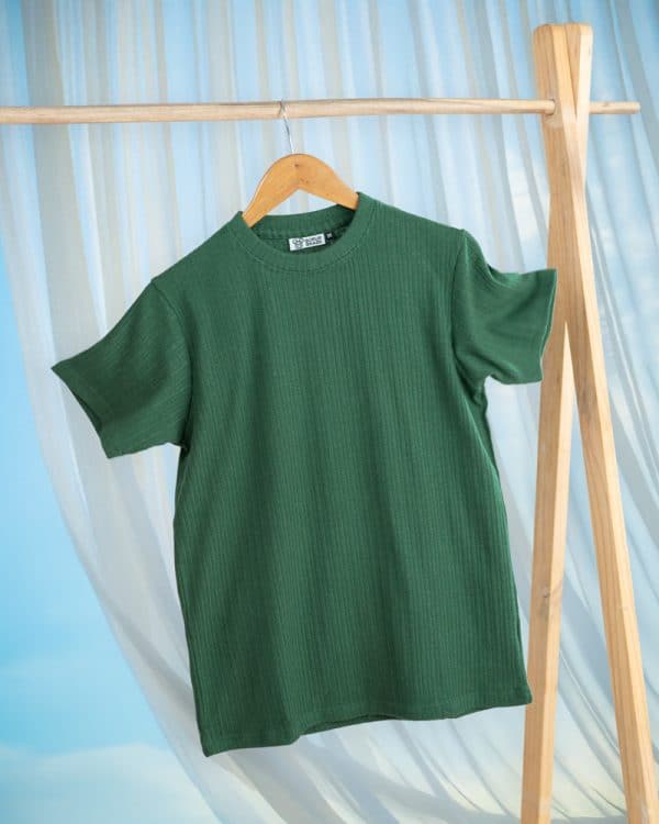 Premium Soft Textured Crewneck T-shirt in Bottle Green with Thin Stripes