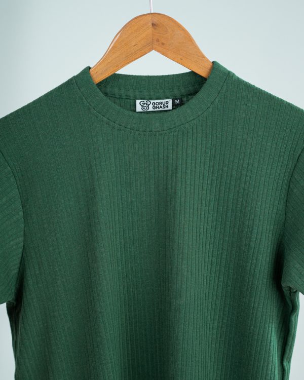 Premium Soft Textured Crewneck T-shirt in Bottle Green with Thin Stripes - Image 3