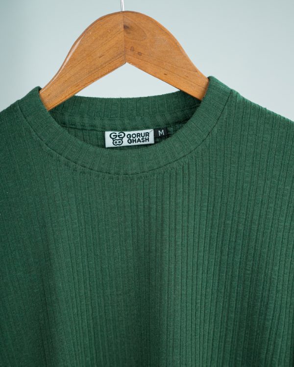 Premium Soft Textured Crewneck T-shirt in Bottle Green with Thin Stripes - Image 2