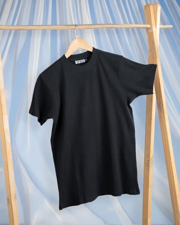 Premium Soft Textured Crewneck T-shirt in Midnight Black With Thick Stripes