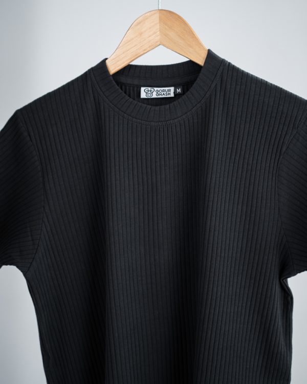 Premium Soft Textured Crewneck T-shirt in Midnight Black With Thick Stripes - Image 3