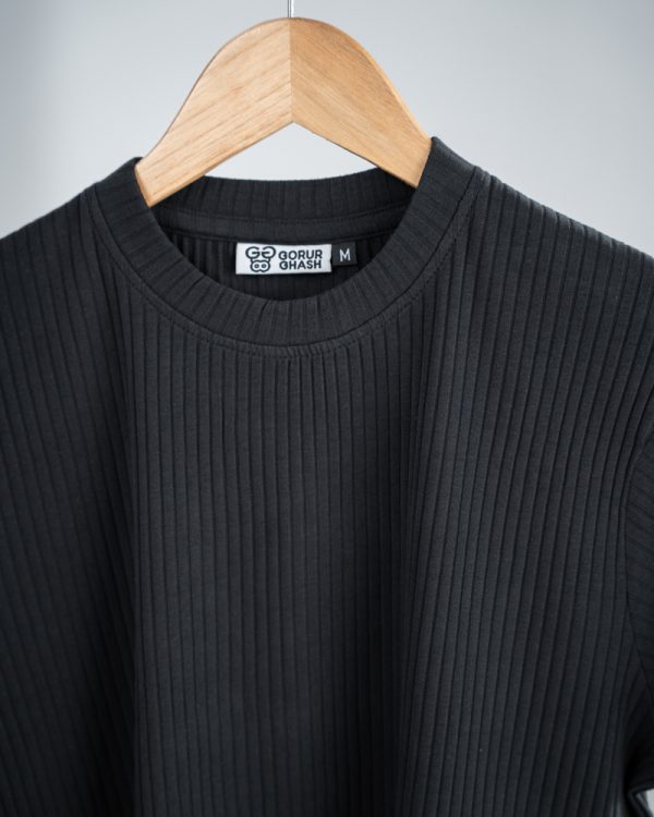 Premium Soft Textured Crewneck T-shirt in Midnight Black With Thick Stripes - Image 2