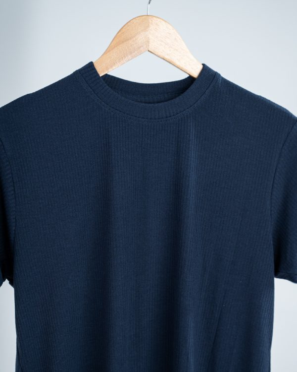 Premium Soft Textured Crewneck T-shirt in Dark Navy Blue With Thin Stripes - Image 2