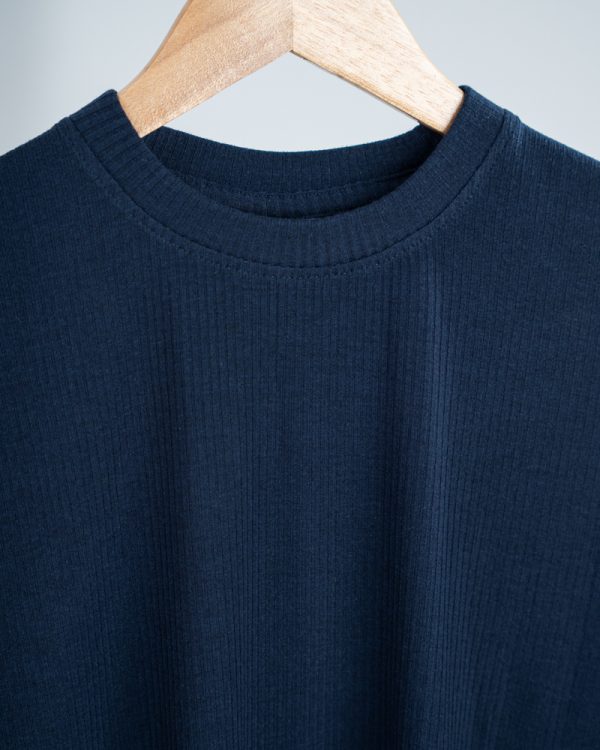 Premium Soft Textured Crewneck T-shirt in Dark Navy Blue With Thin Stripes - Image 3