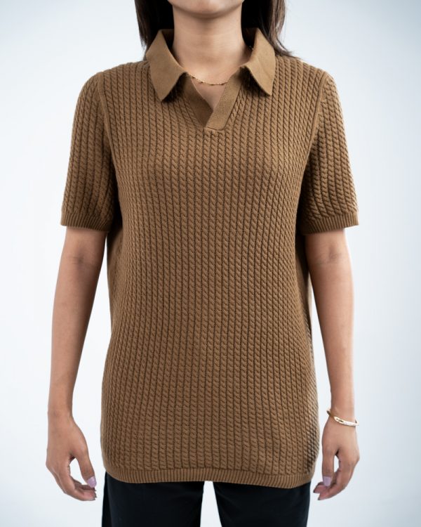 Women's Braided Cable Knit Polo in Brown - Image 3