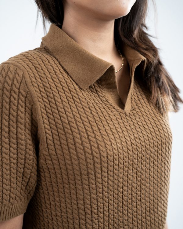 Women's Braided Cable Knit Polo in Brown - Image 4