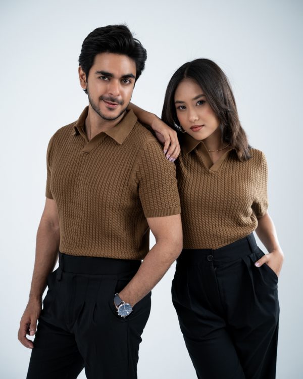 Women's Braided Cable Knit Polo in Brown - Image 7