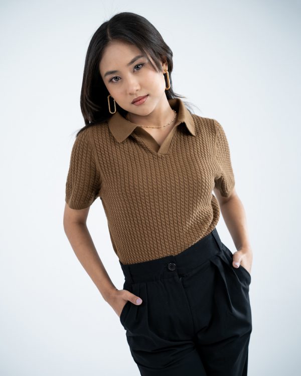 Women's Braided Cable Knit Polo in Brown - Image 6