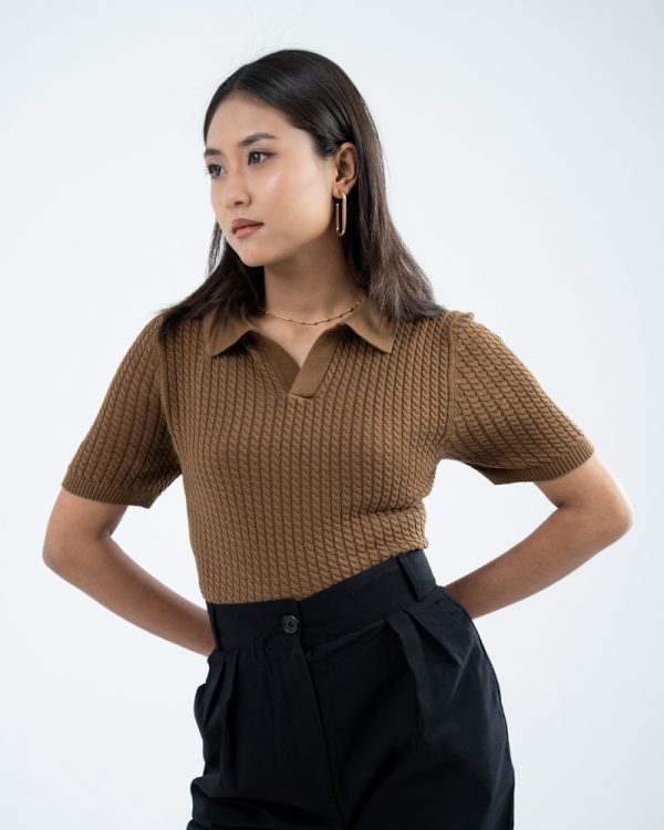 Women's Braided Cable Knit Polo in Brown - Image 2