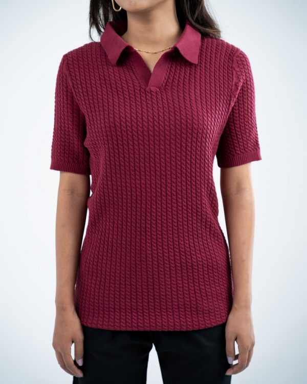 Women's Braided Cable Knit Polo in Maroon - Image 3