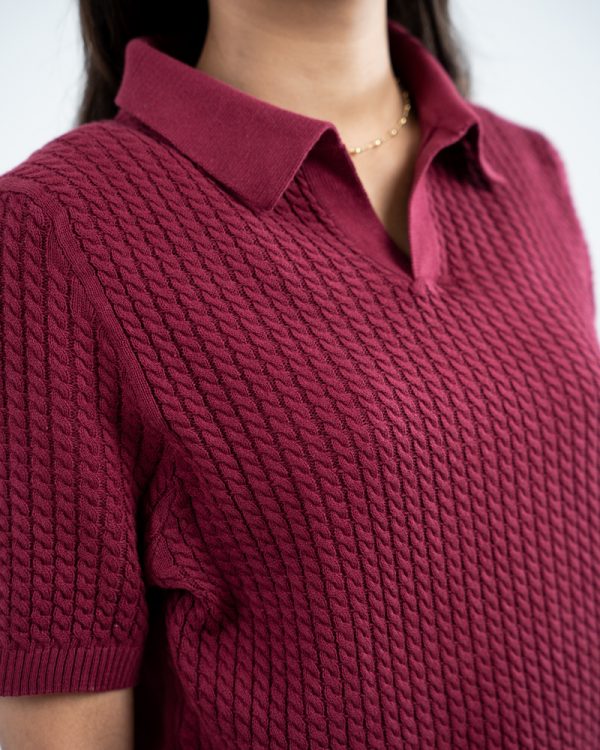 Women's Braided Cable Knit Polo in Maroon - Image 4