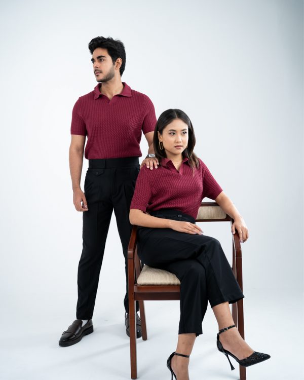 Women's Braided Cable Knit Polo in Maroon - Image 7