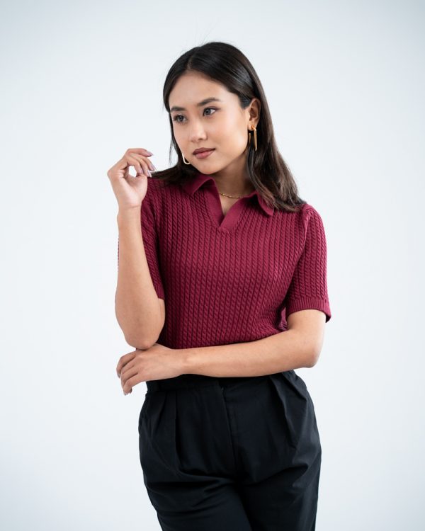 Women's Braided Cable Knit Polo in Maroon