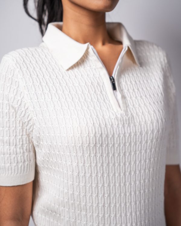 Women’s Zip-Up Loop Patterned Knit Polo in Warm White - Image 3