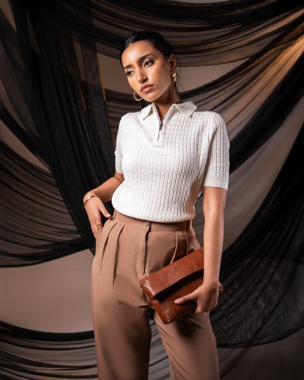 Women’s Zip-Up Loop Patterned Knit Polo in Warm White - Image 7