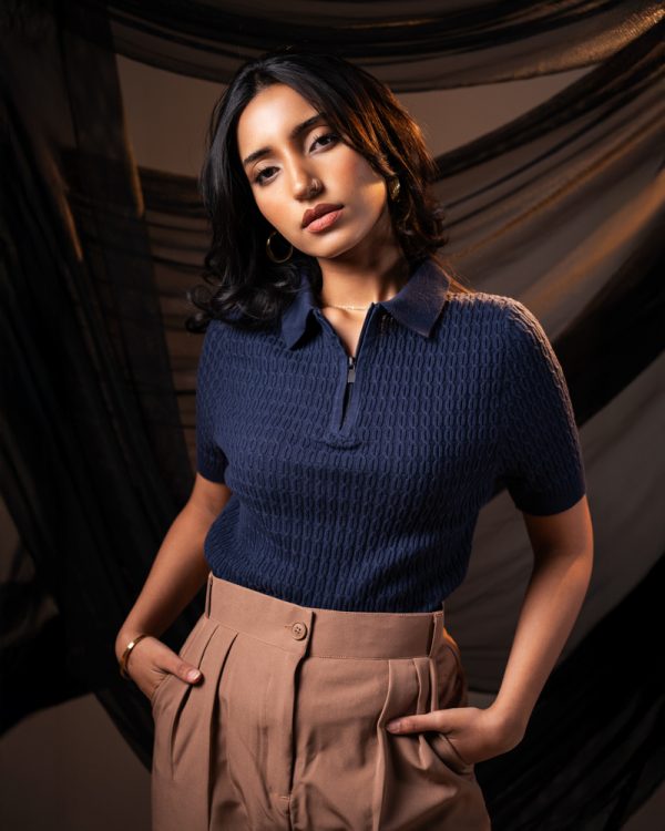 Women’s Zip-Up Loop Patterned Knit Polo in Navy Blue