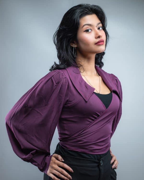 Wrap Around Balloon Sleeve Top In Purple - Image 4