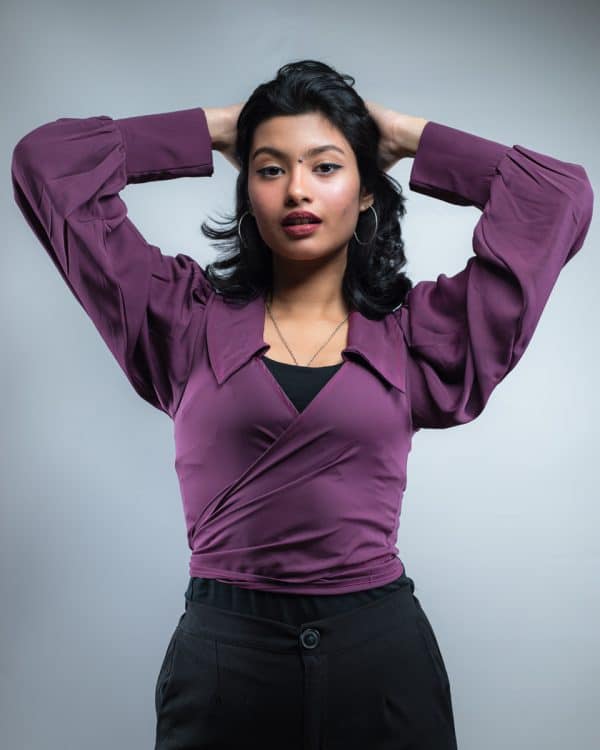 Wrap Around Balloon Sleeve Top In Purple - Image 5