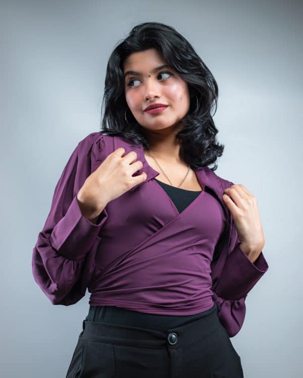 Wrap Around Balloon Sleeve Top In Purple