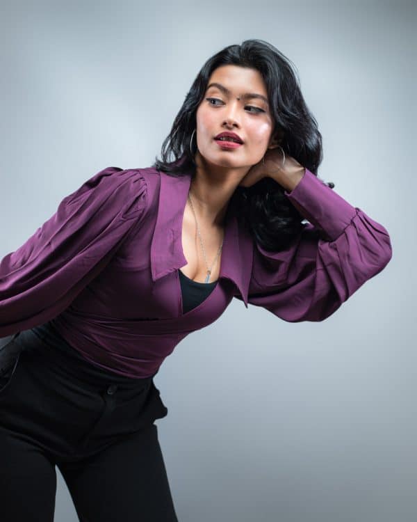 Wrap Around Balloon Sleeve Top In Purple - Image 8