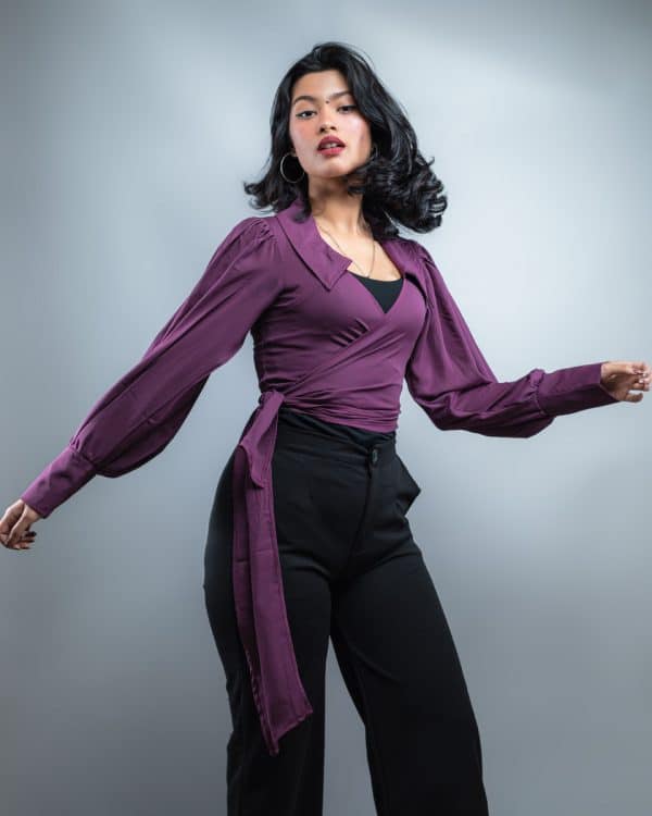 Wrap Around Balloon Sleeve Top In Purple - Image 7