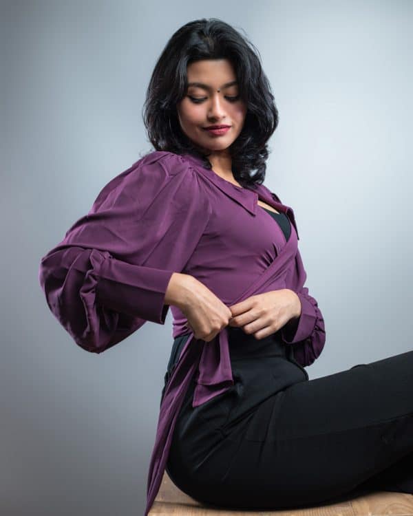 Wrap Around Balloon Sleeve Top In Purple - Image 9