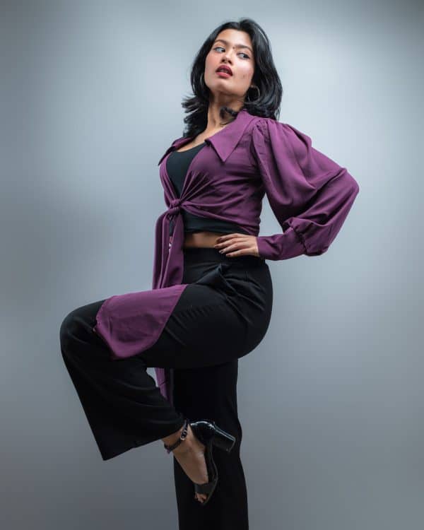 Wrap Around Balloon Sleeve Top In Purple - Image 11