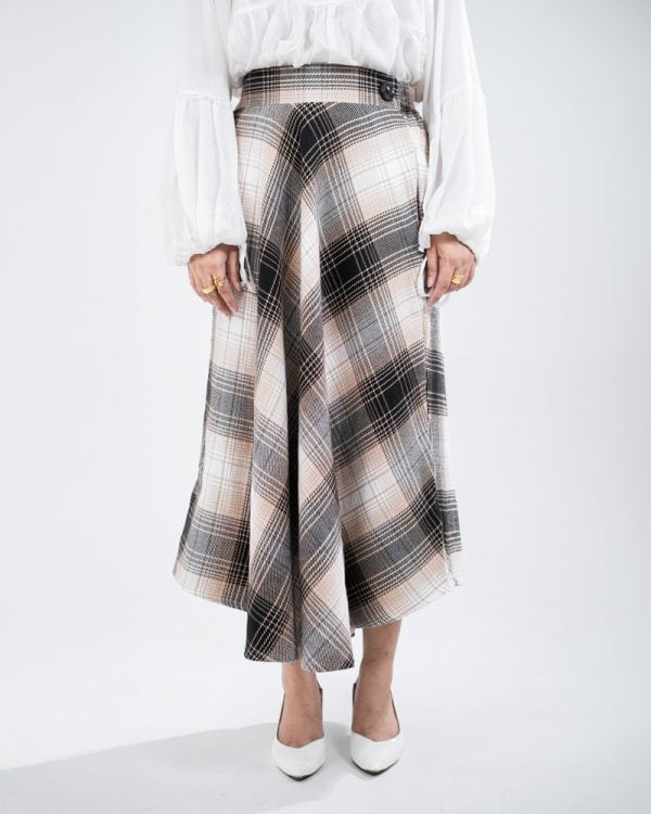 Women's Long Flannel Skirt in Black and Cream - Image 2