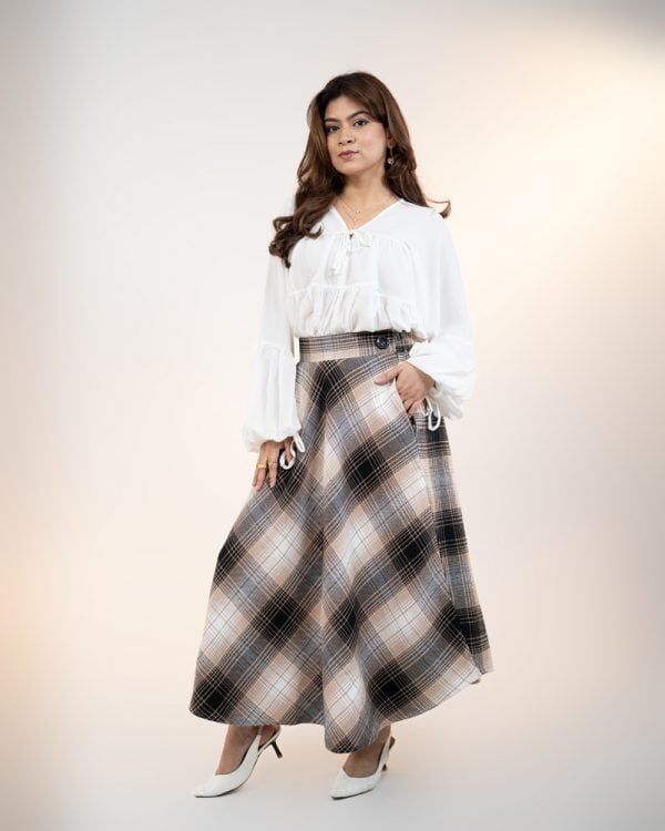 Women's Long Flannel Skirt in Black and Cream - Image 9
