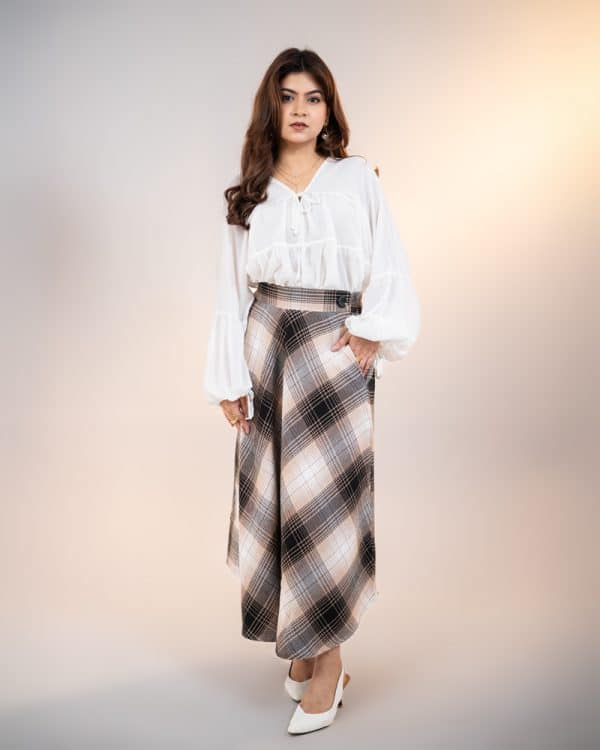 Women's Long Flannel Skirt in Black and Cream - Image 8