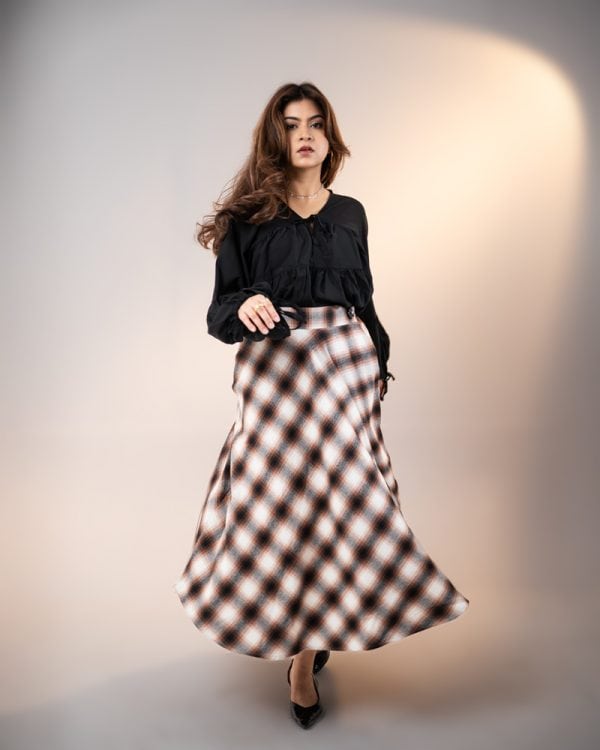 Women's Long Flannel Skirt in Brown and Black - Image 8
