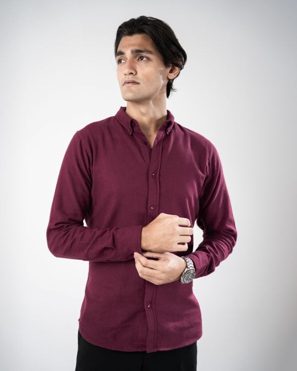 Men’s Long Sleeve Button-Down Twill Shirt in Maroon - Image 5