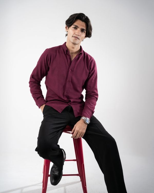 Men’s Long Sleeve Button-Down Twill Shirt in Maroon - Image 6