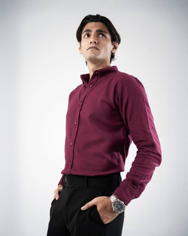 Men’s Long Sleeve Button-Down Twill Shirt in Maroon - Image 8