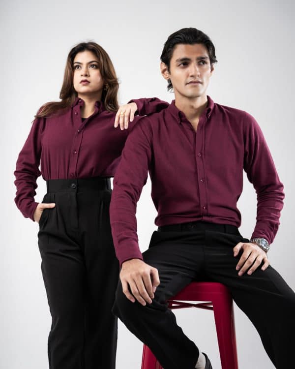 Men’s Long Sleeve Button-Down Twill Shirt in Maroon - Image 10