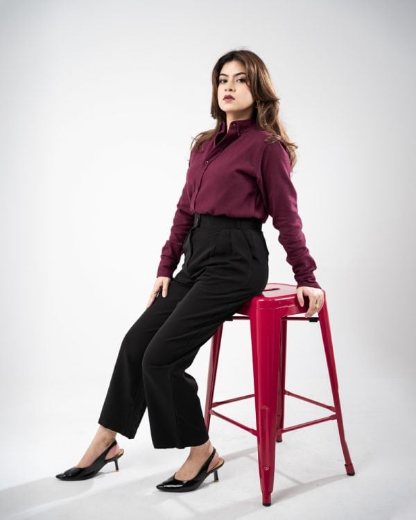 Women’s Long Sleeve Button-Down Twill Shirt in Maroon - Image 9