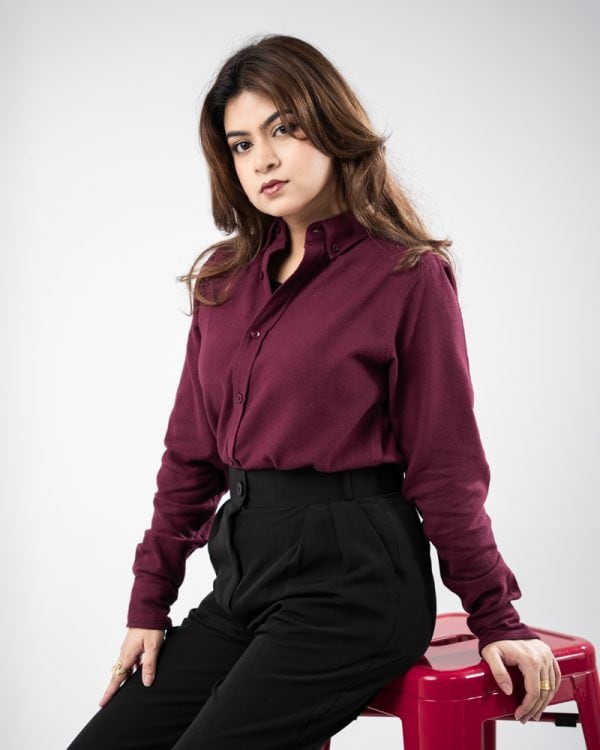 Women’s Long Sleeve Button-Down Twill Shirt in Maroon - Image 7