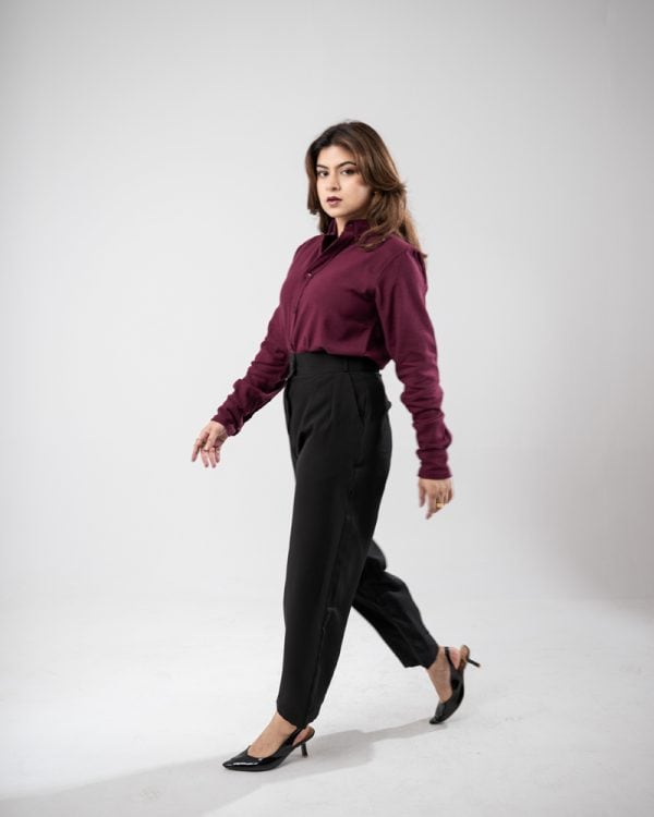 Women’s Long Sleeve Button-Down Twill Shirt in Maroon - Image 5