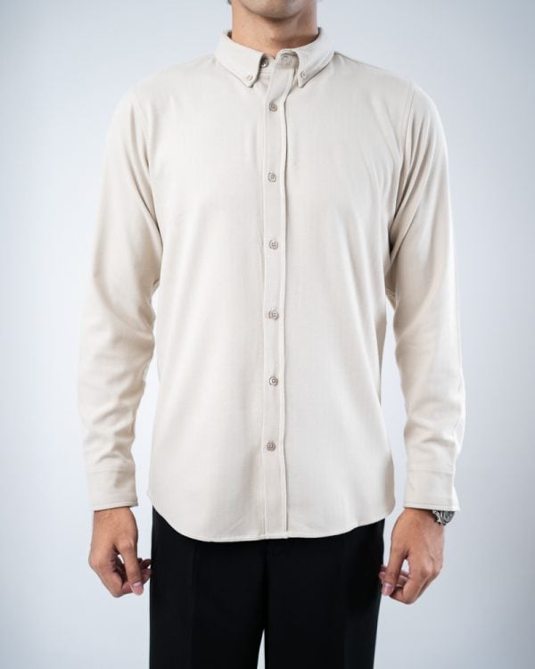 Men’s Long Sleeve Button-Down Herringbone Patterned Shirt in Light Cream - Image 3
