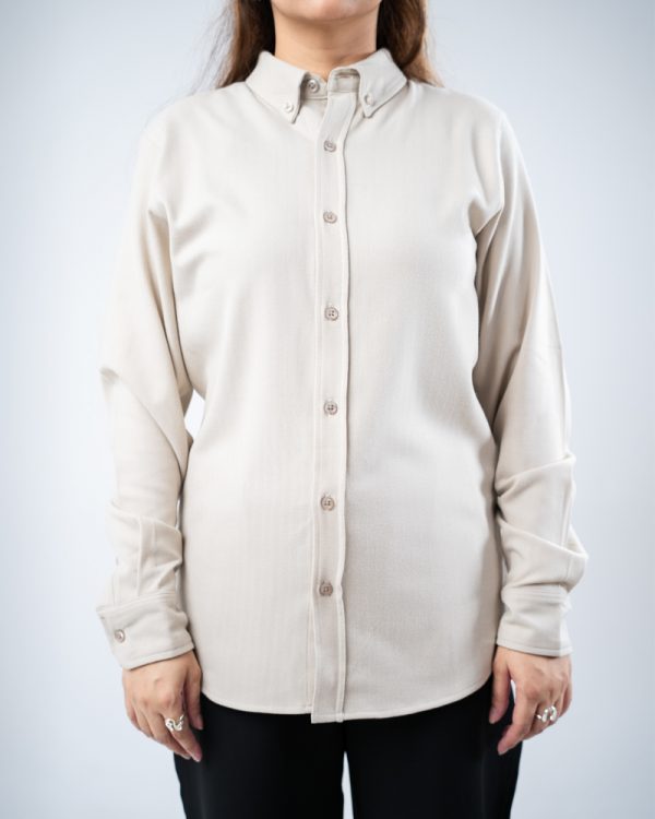 Women’s Long Sleeve Button-Down Herringbone Patterned Shirt in Light Cream - Image 3