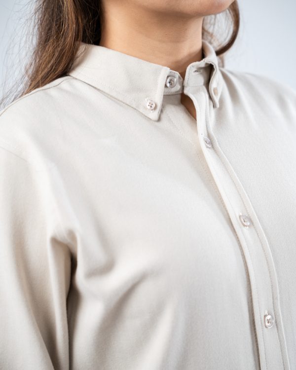 Women’s Long Sleeve Button-Down Herringbone Patterned Shirt in Light Cream - Image 4